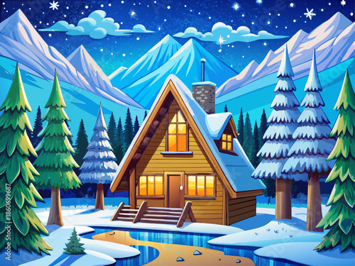 Luxury winter cabin in snowy mountain forest under blue starry sky, beautiful vacation home surrounded by frozen trees, peaceful mountain scenery and cozy seasonal escape concept.