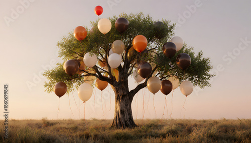 Tree adorned with colorful balloons in a vast open field at dawn - Concept of National girl child day  