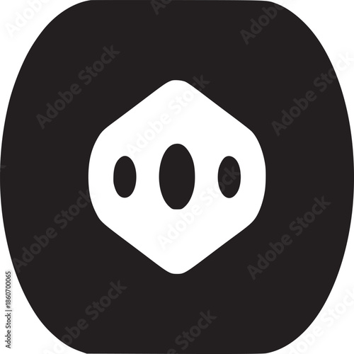 A black oblong shape containing a white geometric shape with three circles inside on white background