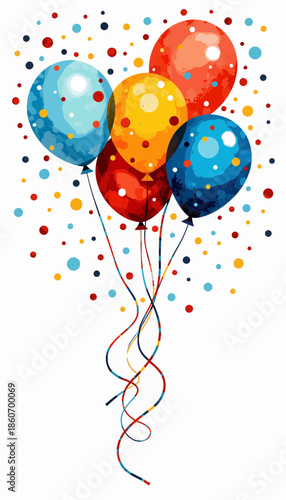 Vibrant Cluster of Colorful Balloons with Floating Polka Dots on a White Background Creating a Festive Celebration Atmosphere