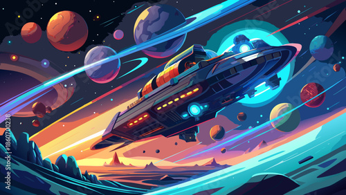 Very beautiful cinematic vector of a lone spacecraft traveling through a glowing star field, epic sci fi journey and sense of discovery.