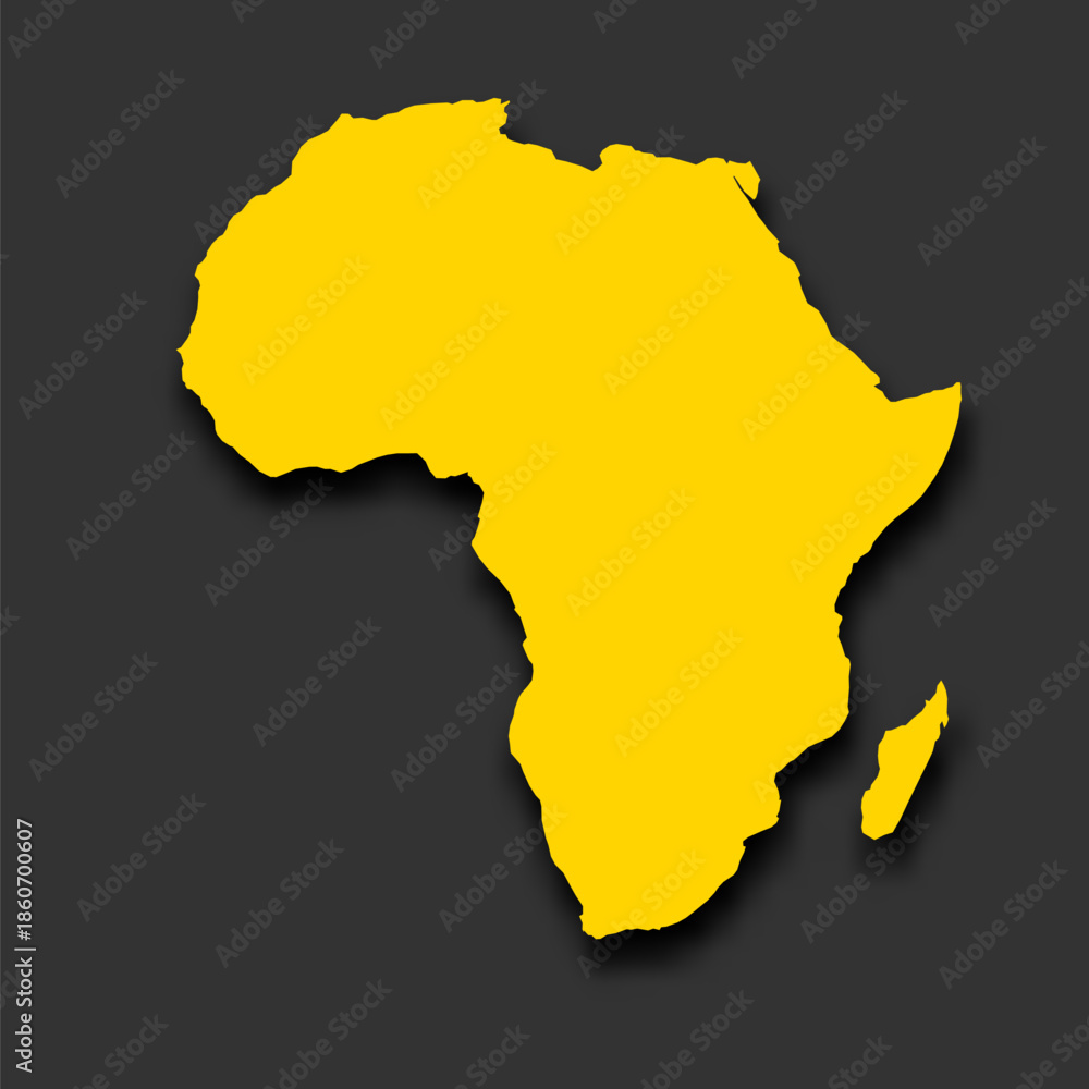 Fototapeta premium This graphic displays a vector silhouette map of Africa in yellow color. The shape highlights the continent's outline against a dark background.