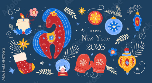 happy new year 2026 naive modern vector illustration, hand drawn set of elements  with  horse symbol new year