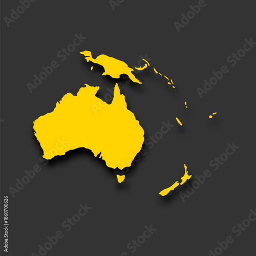 This is a map silhouette of Australia and surrounding islands in Oceania. The focus is on the outlines of land masses in a yellow color against a dark background.