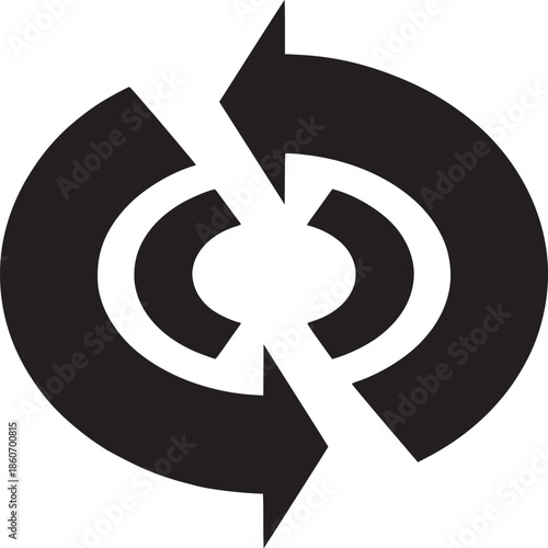 A black and white graphic with arrows forming a circle and an oval shape in the center space