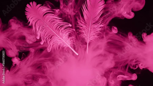 Whispers of delicate pink feathers emerge from a mystical embrace of vibrant, swirling smoke, crafting a captivating and dreamlike narrative of grace and color against a profound darkness