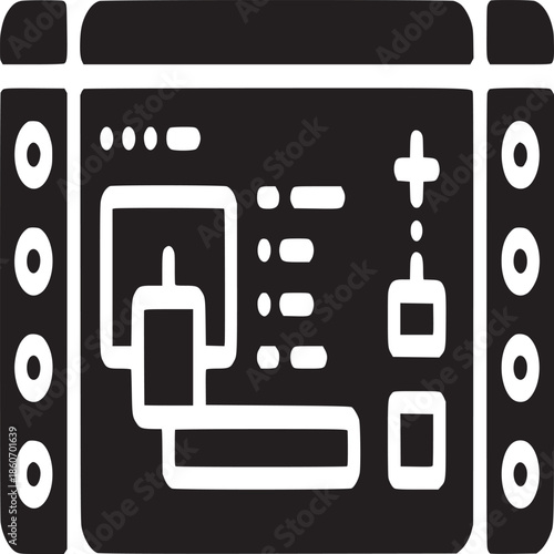 A black and white illustration of a graphic equalizer interface with multiple controls and indicators