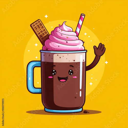 Cute cartoon mug of hot chocolate with pink whipped cream and wafer