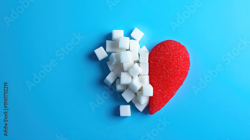 Red heart and sugar cubes symbolizing diabetes awareness on blue background with copy space for World Diabetes Day November 14