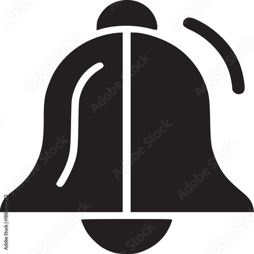 Isolated black bell icon with shadow on a white background representing notification alert symbol
