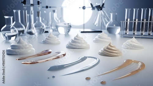 Cosmetic foundation and cream testing in laboratory setting featuring swirling piles of white and beige makeup swatches alongside shiny spatulas for professional product formulation analysis.