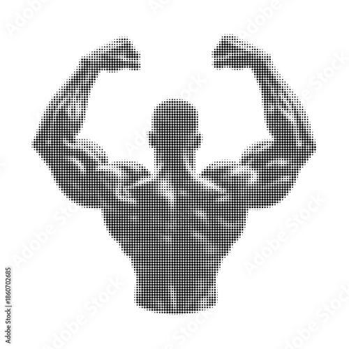Gym logo type bodybuilder flexing muscles in halftone style vector