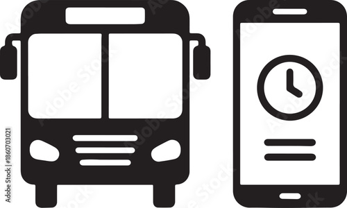 Black silhouette of a bus next to a smartphone displaying a clock with a transparent background also transparent background