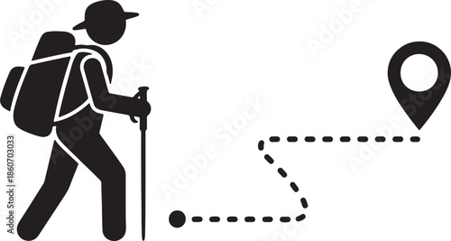 Black silhouette of a hiker with a backpack and trekking poles walking towards a location pin symbol with a dotted path also transparent background