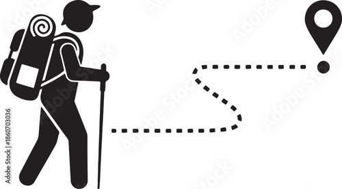 Black silhouette of a hiker with a backpack and trekking poles walking towards a location pin also transparent background