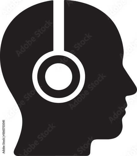 Black silhouette of a human head profile wearing headphones with white circular earcups and headband on transparent background also transparent background