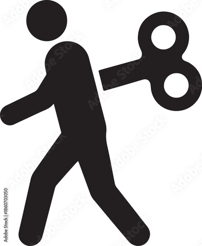 Black silhouette of a person with a wind-up key protruding from their back on a transparent background also transparent background