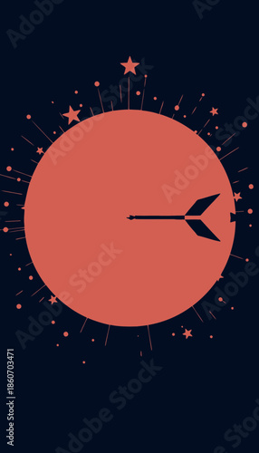 Vibrant concentric target design with interstellar theme featuring a central golden star and cosmic arrow on a radiant circular backdrop under a starlit sky