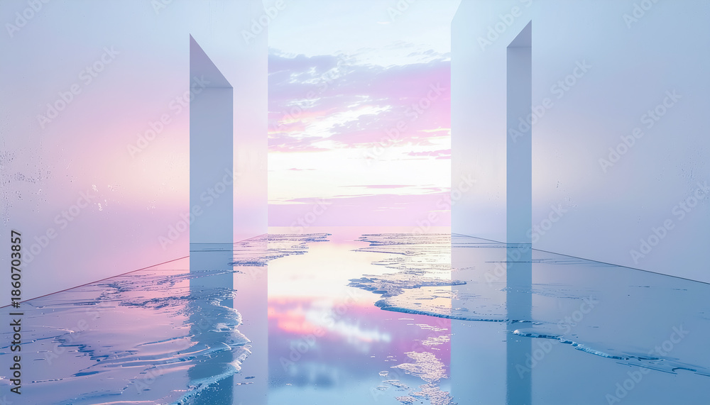 Fototapeta premium Pastel Sunset Reflected on Glossy Minimal Architecture with Melting Ice in a Dreamlike Scene
