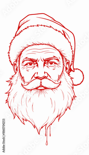 Intricate Red Line Art Illustration of Santa Claus with Classic Hat and Flowing Beard, Expressive Eyes Capturing Holiday Spirit