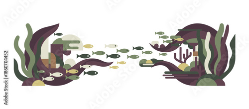 Stylized great blue heron illustration standing on a rocky shore overlooking the calm blue water with a cloudy sky in a retro graphic style with halftone texture