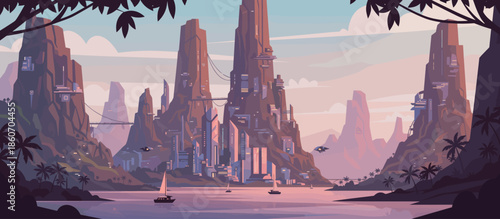 Stylized comic book style illustration of a scenic coastal landscape viewed from a car window during a summer road trip along the ocean with cliffs and a cloudy sky