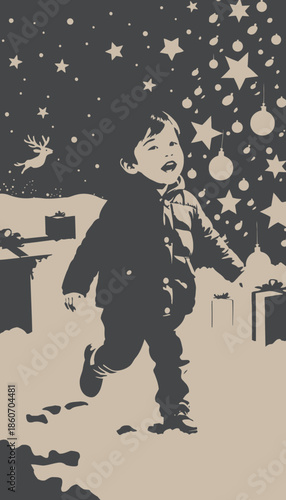 Joyful Child Celebrating Christmas in Snowy Landscape with Decorated Tree and Gifts