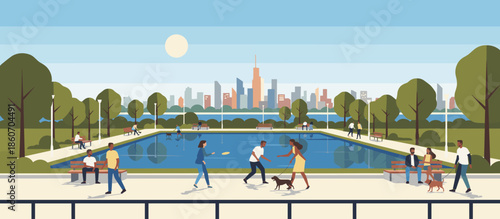 Diverse community of people enjoying leisure activities like walking dogs and playing frisbee in a large urban park with a reflecting pool and city skyline