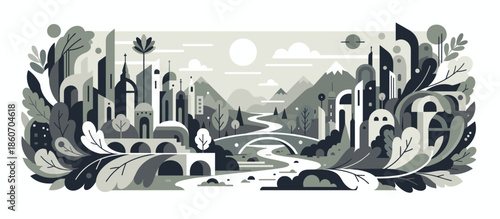 Stylized illustration of a woman standing on a rock by a river, reaching for the sun in a serene natural landscape with a limited, earthy color palette