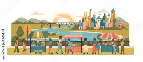 Stylized desert landscape illustration with rolling sand dunes and a large setting sun, created in a retro graphic style with bold lines and a limited color palette