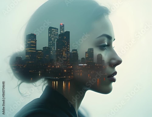 portrait of a young woman with city