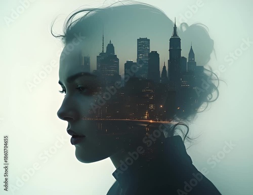portrait of a young woman with city