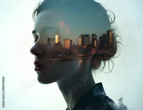 portrait of a young woman with city