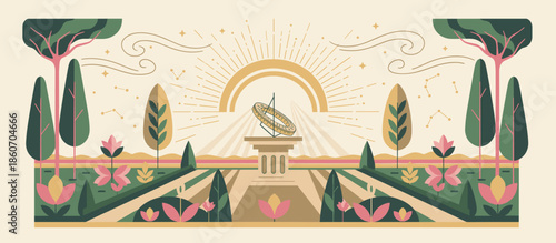 Hand-drawn rustic landscape illustration with mountains, a large textured sun, and a wooden fence in a minimalist graphic style with a limited blue and orange color palette