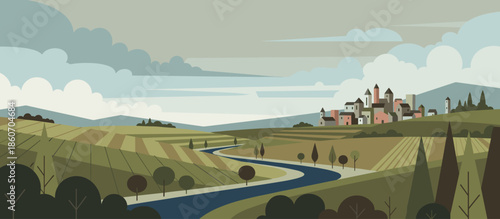 Illustrated tropical bay filled with sailboats and catamarans anchored in calm turquoise water, viewed from a lush jungle shore with palm trees in a graphic, retro style