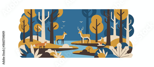 Old stone and wood water well with a bucket and rope stands in a rustic forest clearing in a hand-drawn graphic illustration style with bold outlines and a limited color palette