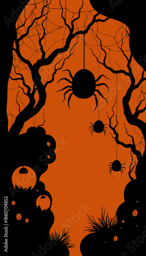 Eerie Halloween Scene with Spiders Hanging Amidst Gnarled Branches and Glowing Orbs in Mysterious Dark Forest Silhouette