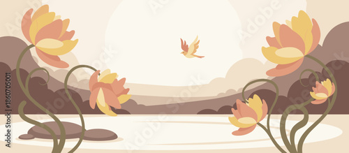 Solo hiker with a backpack stands on a rocky mountain summit overlooking a vast, cloud-filled valley in a serene, graphic illustration style with a limited color palette