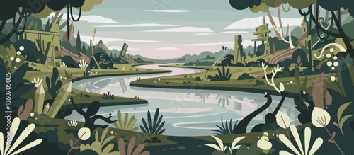 Illustrated person in a long dark coat climbs a wide concrete staircase while carrying a reusable tote bag, depicted in a modern graphic art style