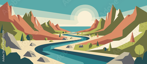 Stylized graphic illustration of a lone traveler standing by a roaring campfire on a rocky shore, with the warm orange glow illuminating the dark canyon and reflecting on the water