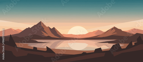 Silhouetted traveler with a backpack hikes on a winding sand dune trail surrounded by beach grass under a clear blue sky with a bright sun, depicted in a retro vector art style