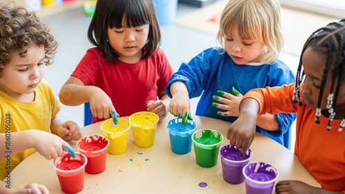 diverse group of preschool children finger painting with bright gouache on table for early childhood education blogs, daycare websites, creative kids development and art school posters