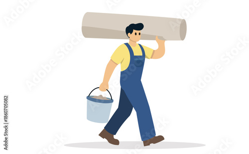 Plasterer carrying plaster bucket – wallpaper preparation illustration