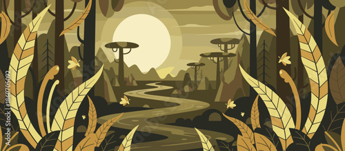 Hand-drawn illustration of an ancient stone corridor with large pillars and arches, depicted in a graphic novel style with strong shadows and a limited color palette