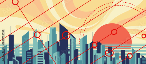 Abstract fluid wavy shapes in cool tones of blue and teal create a dynamic layered composition with a modern hand-drawn style and subtle texture