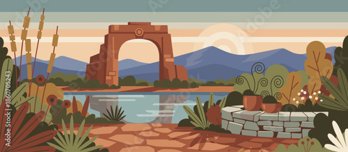 Gloved hands using a metal shovel to move dark red compost into a large green bin in a graphic comic book style illustration with halftone textures