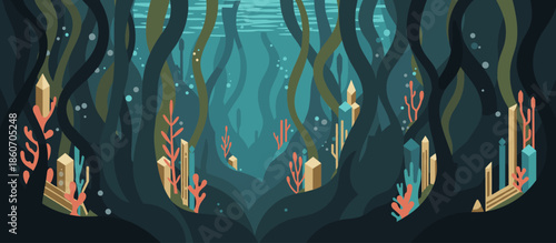 Industrial cooling towers and factory smokestacks illustration in a retro graphic style with a limited color palette, halftone textures, and a dynamic low-angle perspective