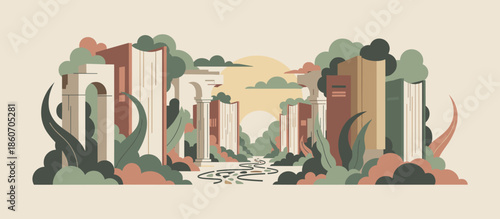 Artistic illustrated portrait of a serene young woman with freckles and long wavy hair, rendered in a modern, abstract style with organic botanical shapes and earthy tones