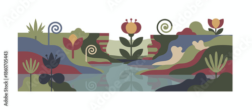 Dynamic retro-style abstract illustration featuring overlapping wavy forms and distorted ripples in a vibrant color palette of purple, teal, and coral for a hypnotic visual effect