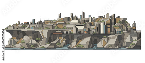 Hearty plate of fried steak and mashed potatoes covered in rich brown gravy is being cut into, seen from a top-down perspective in a warm, retro graphic illustration style